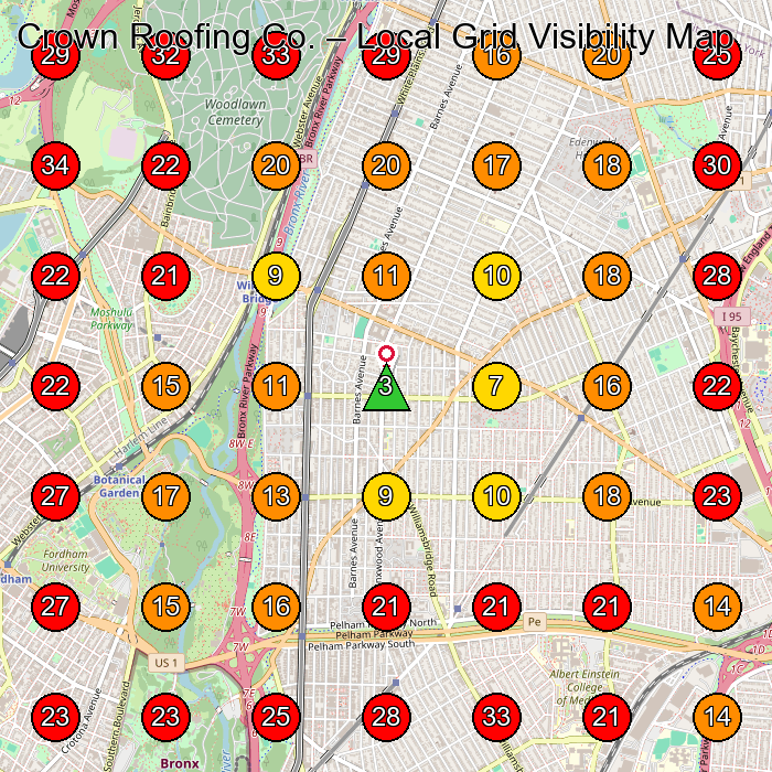 Crown Roofing Co. GeoGrid visibility map for Roofing Contractor in Bronx